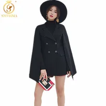 SMTHMA, осенне-зимнее женское пальто, красивый плащ, одноцветное твидовое пончо, Женская свободная теплая верхняя одежда, кашемировое пальто