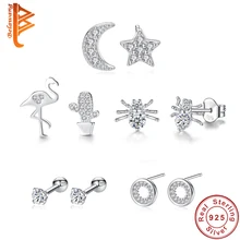 Модный чистый 925 стерлингового серебра Луна Звезда Серьги «кактус» Для женщин Шпилька прозрачный кубический цирконий свадьба аутентичный драгоценный подарок