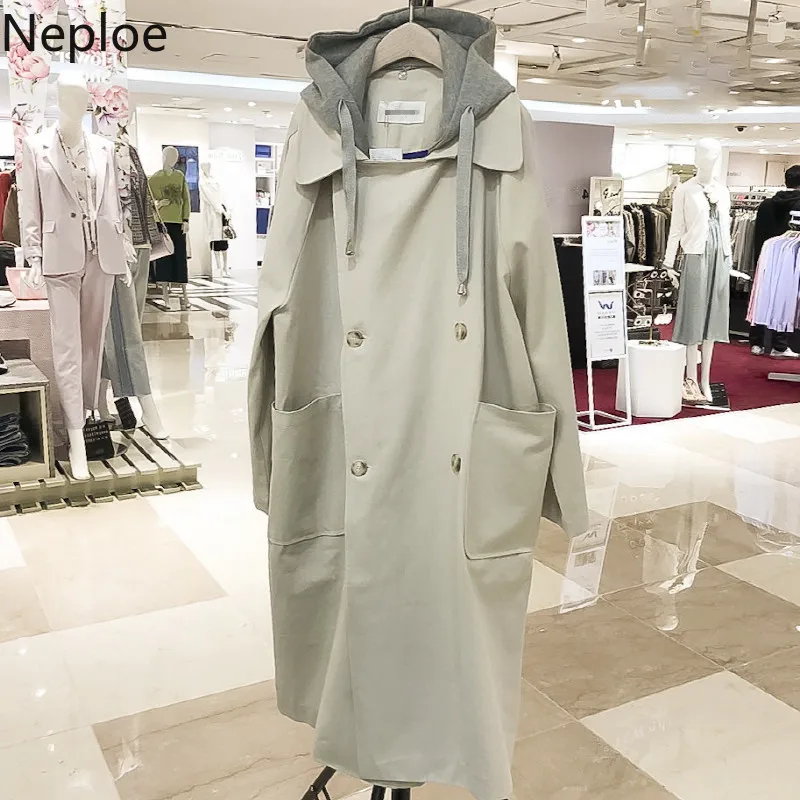 

Neploe Autumn Winter New Trench Coat Women Mid Long Hooded Maxi Loose Ropa Mujer Straight Patch Casual Moda Female 2020 46609