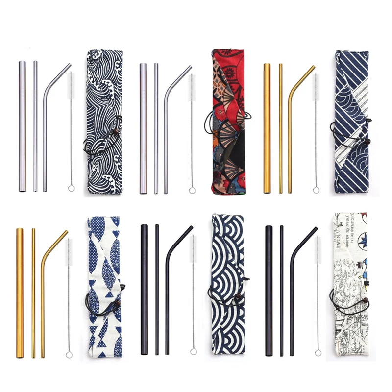 Reusable Metal Drinking Straws 304 Stainless Steel Straw Bent Straight Smoothies Straw with Cleaning Brush Bar Party Accessory