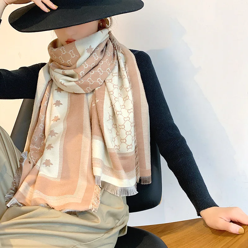 Зимний европейский и американский шарф из искусственного кашемира, теплый толстый двусторонний воротник с буквенным принтом, Женская шаль