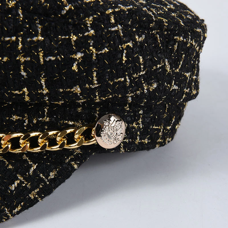 New Luxury Brand Tweed Design Chain Decoration Military Caps Women Black Newsboy Cap Ladies Elegant Octogonal Cap Autumn Winter