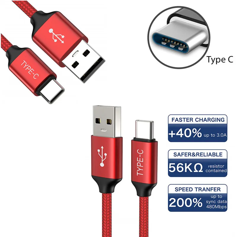 Type C USB Cable 2M 3M for Samsung Galaxy S10 S10e S9 S8 S7 S6 S5 Fast Chargering Data Sync Extra Long Smartphone Android 5V 2A