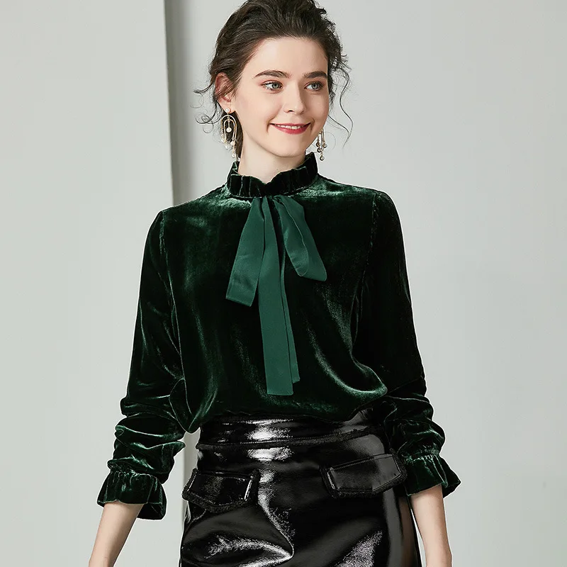 

Pure Silk Velvet Blouse Spring Ladies Tops Women Long Sleeve Shirts Dark Green Clothes High Quality Bow Ribbon Loose Casual Top