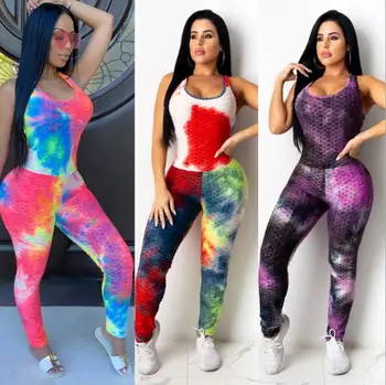 

Jumpsuit tie-dye printing wide-leg jumpsuit women's fashion open back top vest + trousers jumpsuit