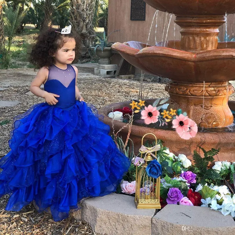 Vestidos de flores azules reales para vestido de fiesta de boda con cuello para niña pequeña, vestidos Vintage para desfile de primera comunión|Vestidos floreados de niña| - AliExpress