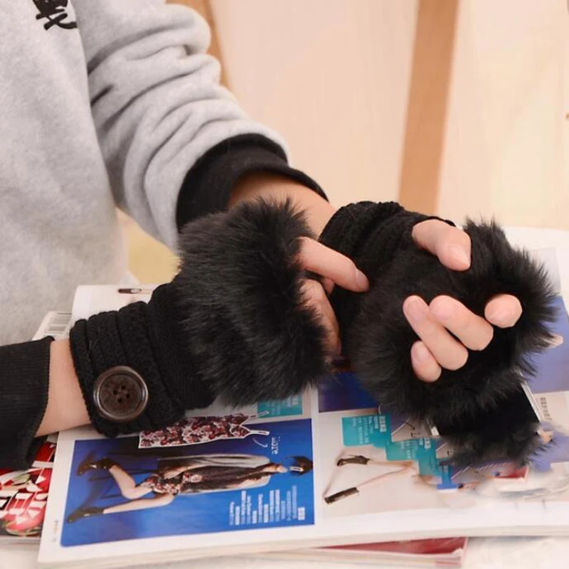 Модные зимние женские перчатки, плюшевые вязаные шерстяные перчатки из искусственного меха, сохраняющие тепло, короткие перчатки без пальцев для девушек