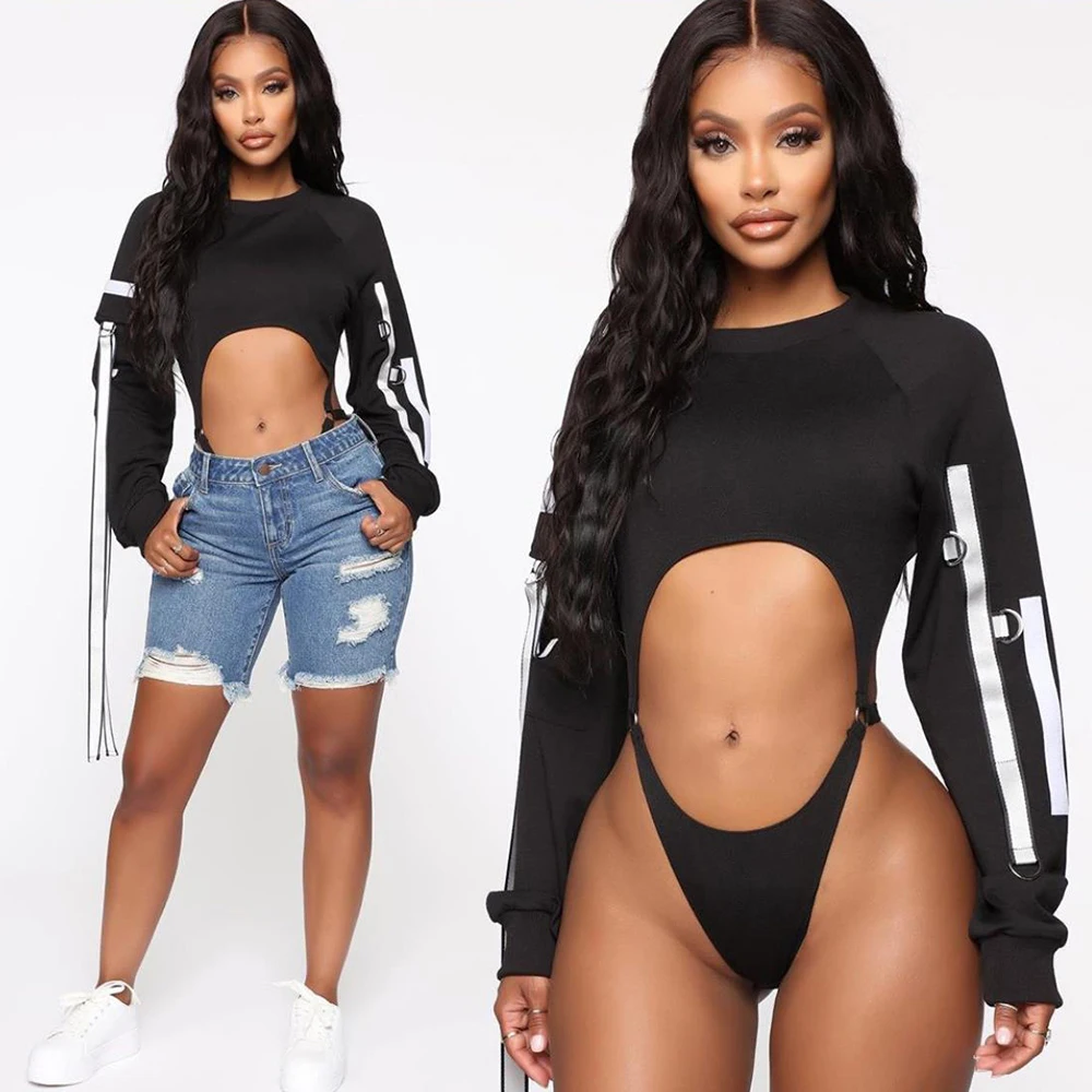 Autumn Women Casual O-Neck Long Sleeve Sexy Hollow Out Bodysuit Reflective Patchwork Ribbon Slim Elastic Rompers P1735273