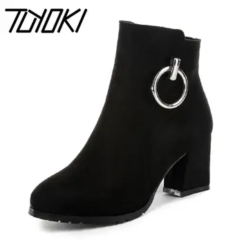 

Tuyoki Size 33-43 Women High Heels Fur Boots Metal Buckle Winter Shoes Women Zipper Ankle Botas Classic Round Toe Footwear