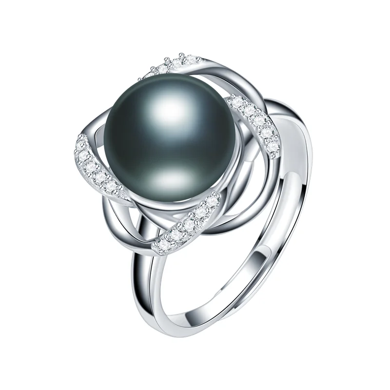 Dainashi 925 Sterling Silver Windmill Zircon Crystal Adjustable Ring Freshwater Cultured Pearl Ring Elegant Party Gift for Women - Цвет камня: Черный