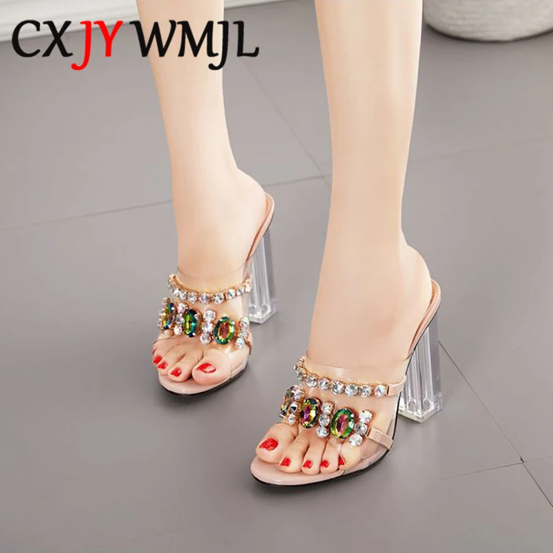 

Large Size 2020 New Summer Sexy PVC Transparent Crystal Shoes Women Slippers Rhinestone Perspex High Heels Clear Heel Slipper 42