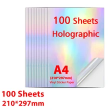 Autocollant holographique arc en ciel A4, papier vinyle imprimable, Transparent, étanche, pour toutes les imprimantes à jet d'encre, 100 feuilles
