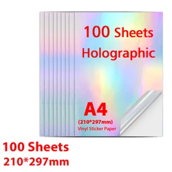 100Sheets Rainbow Holographic Sticker A4 Printable Vinyl Sticker Paper Transparent Waterproof Copy Paper for All Inkjet Printer