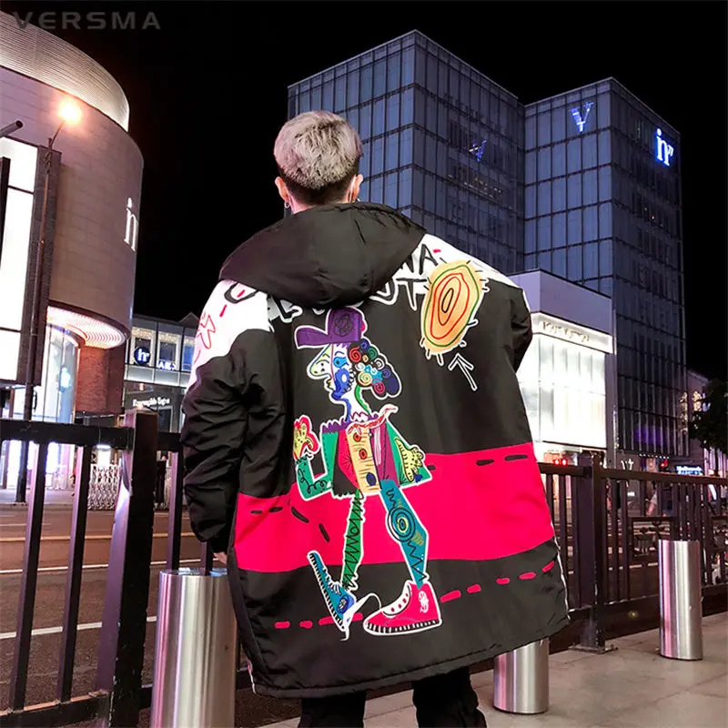 VERSMA Korean Harajuku Graffiti Print Mens Long Winter Jackets Large Size Hip Hop Punk Parka Men Winter Jacket Coat Dropshipping