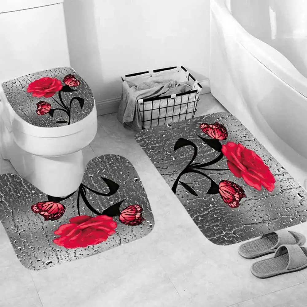 

Fashion Colorful Butterfly Flower Bathroom Waterproof Shower Curtain Pedestal Rug Lid Toilet Cover Bath Mat Rug Non-slip Mat Set