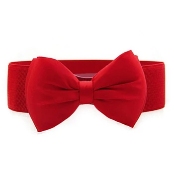 

Womens Sweet Bowknot Elastic Bow Wide Stretch Buckle Waistband Waist Belt RED