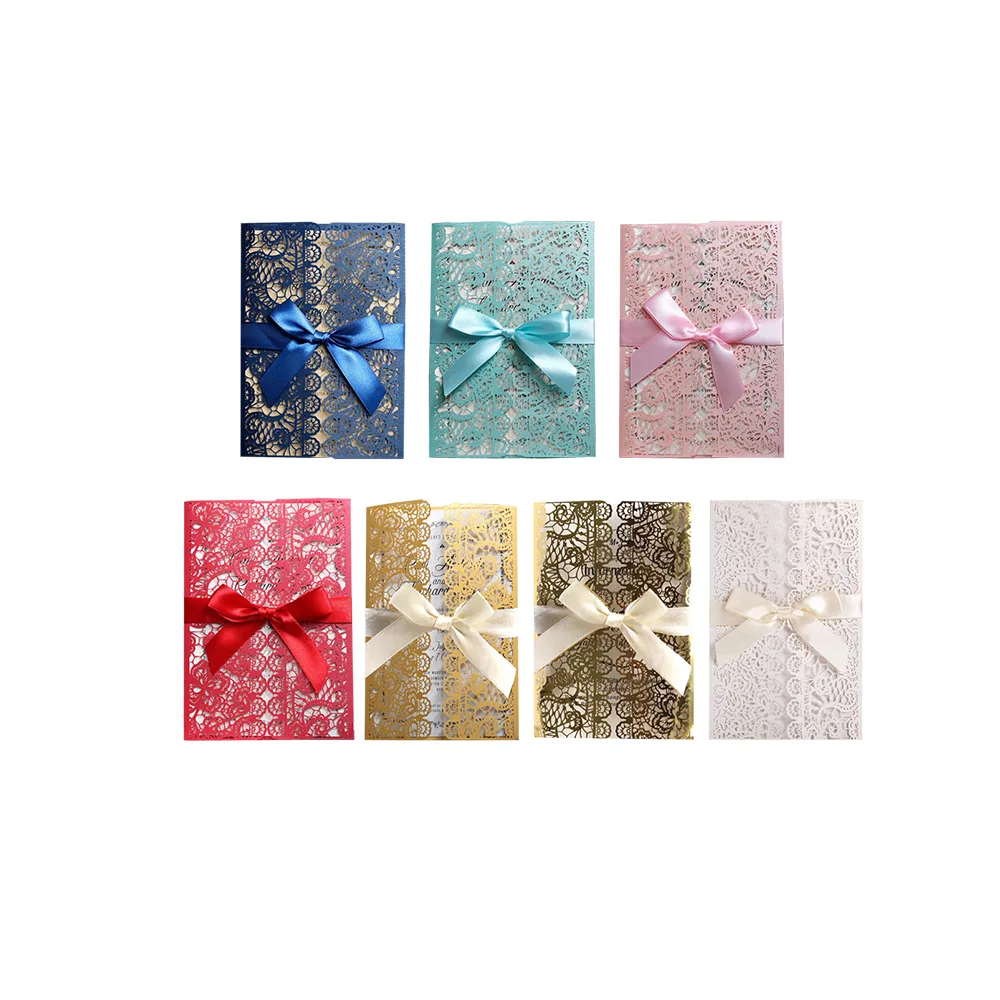  10pcs Wedding Invitation Laser Cutout Color Shell Bow Ribbon Tri-fold Wedding Party Thanksgiving Ho - 4.00027E+12