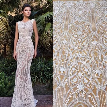 

Sequin Fabric Super Luxury Ivory Alencon Alice Embroidery Tulle Lace Fabric for Nigerian African Bridal Wedding Dress
