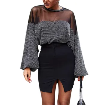 

Womens Grey Blouse Mesh Patchwork Shirts Ladies O-neck Lantern Sleeve Green Blouse Back See Through Crop Top