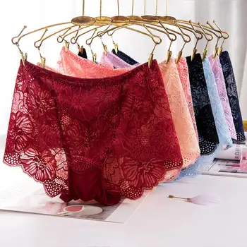 

Sexy Women Briefs Panties Floral Lace Perspective Hollow Briefs Solid Color Mid Rise Underwear