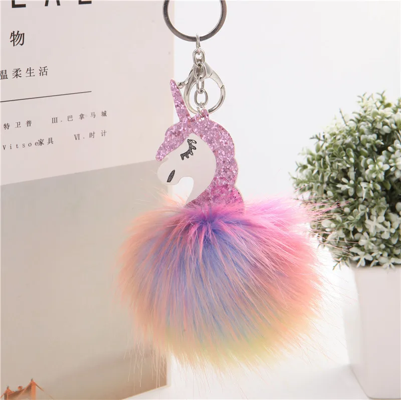 

New Style Colorful Furry Ball Unicorn Keychain Pendant Plush pu fang Fox My Little Car Pendant
