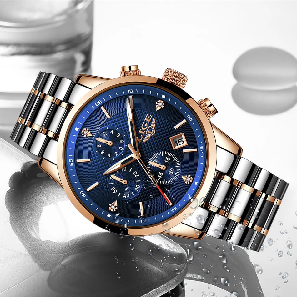 2020 LIGE Trend Rose Blue New Men's Watch Steel Band Waterproof Business Quartz Watch Men's Top Luxury Clcok Reloj hombres