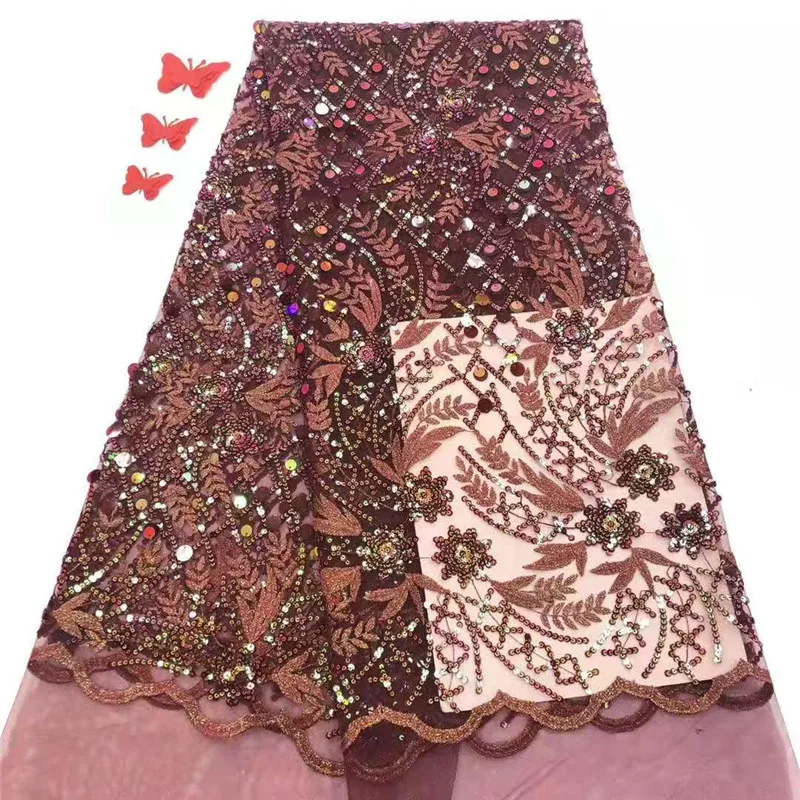 

latest brown african lace fabric 2020 high quality lace with sequins tulle net french lace fabric tissue african fabric(ZZ-12
