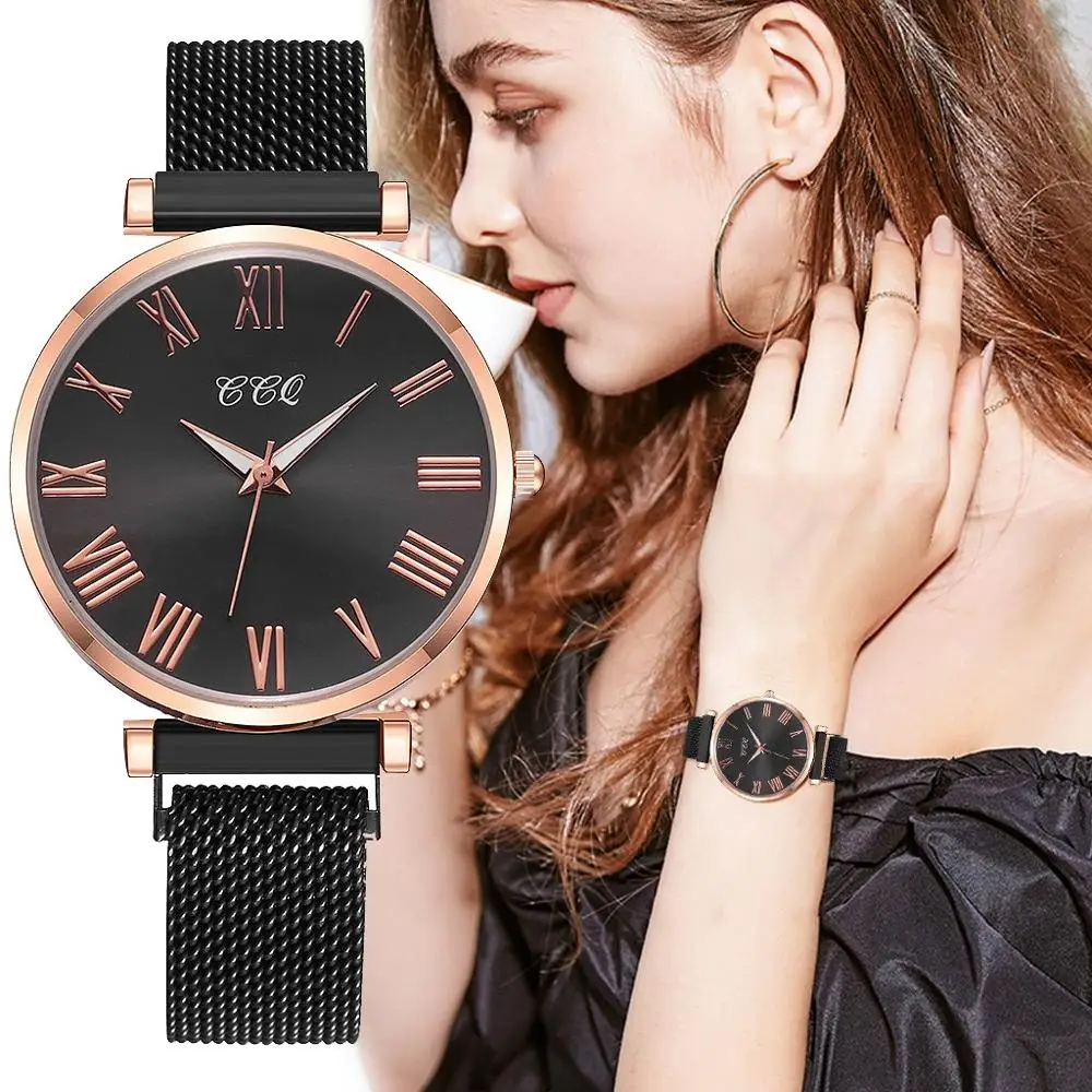 

CCQ Fashion Stainless Steel Magnetic Buckle Bracelet Women Watches Roman numerals Dial Quartz Wristwatches Dress Clock New XB40