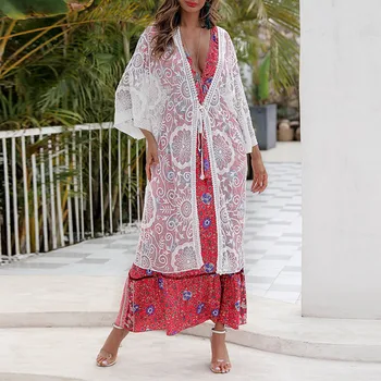 

Summer Women Hollow Lace Beach Tops Pure White See Through Sunscreen Bikini Covers Female Vocation Wears Lace Up Cardigian