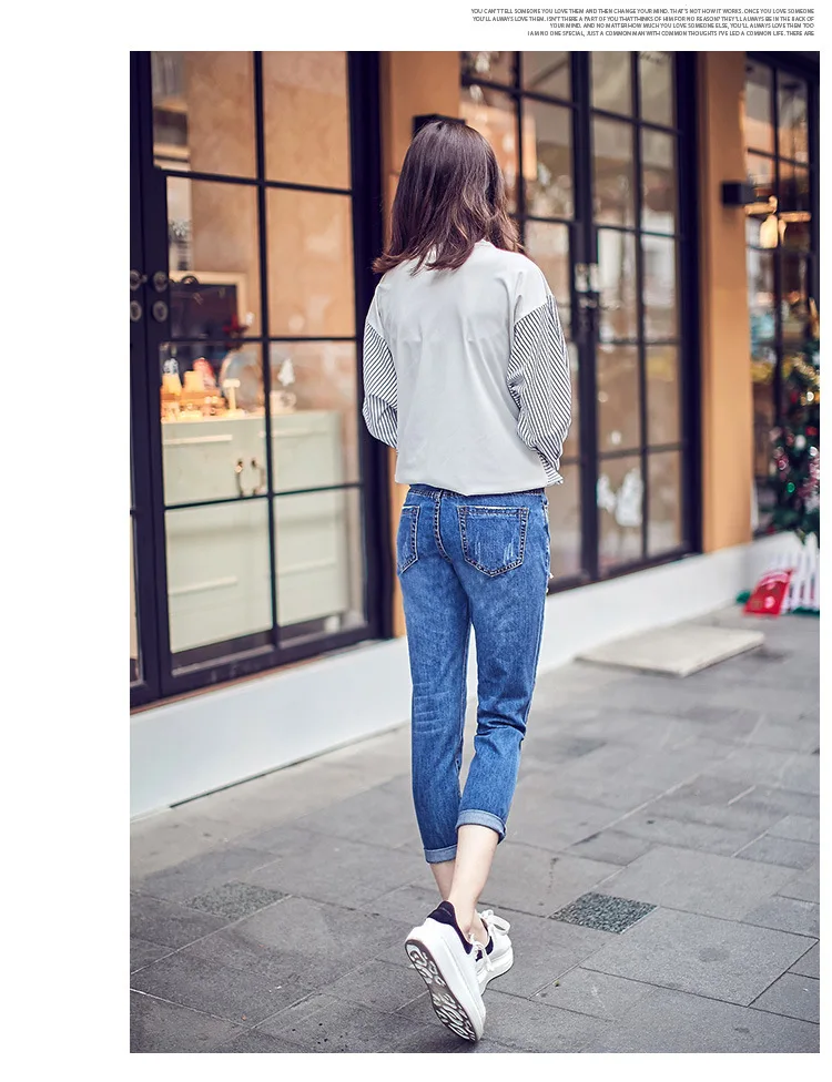 Loose Hole Jeans for Women Streetwear Fashion High Waist Washed Old Blue Ripped Holes Ankle Length Denim Pants