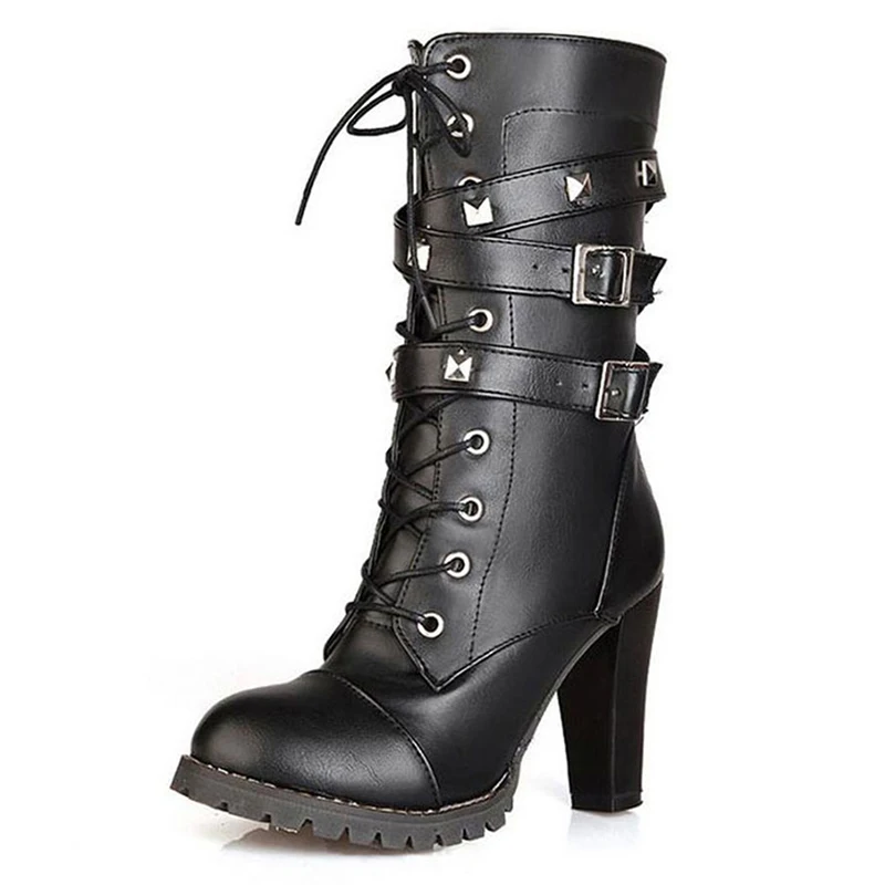 RIBETRINI/ботильоны в байкерском стиле; женские ботинки с заклепками в западном стиле; женская обувь; сезон осень-зима; женские ботинки на высоком каблуке; Размеры 33-48 - Цвет: Черный
