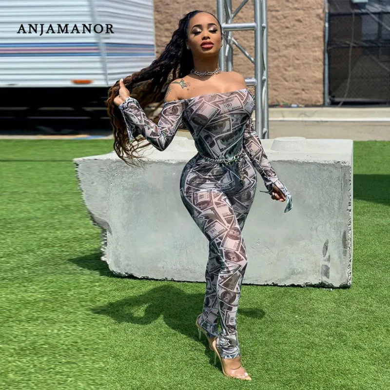 

ANJAMANOR Money Print Jumpsuit Women Fall 2019 Off Shoulder Long Sleeve Bodycon One Piece Romper Sexy Club Outfits D43-AB94