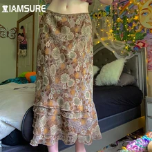

IAMSURE Grunge Fairycore Long Skirt Vintage Floral Printed Mid-Waisted Maxi Skirts Women 2021 Fashion Casual Streetwear Ladies