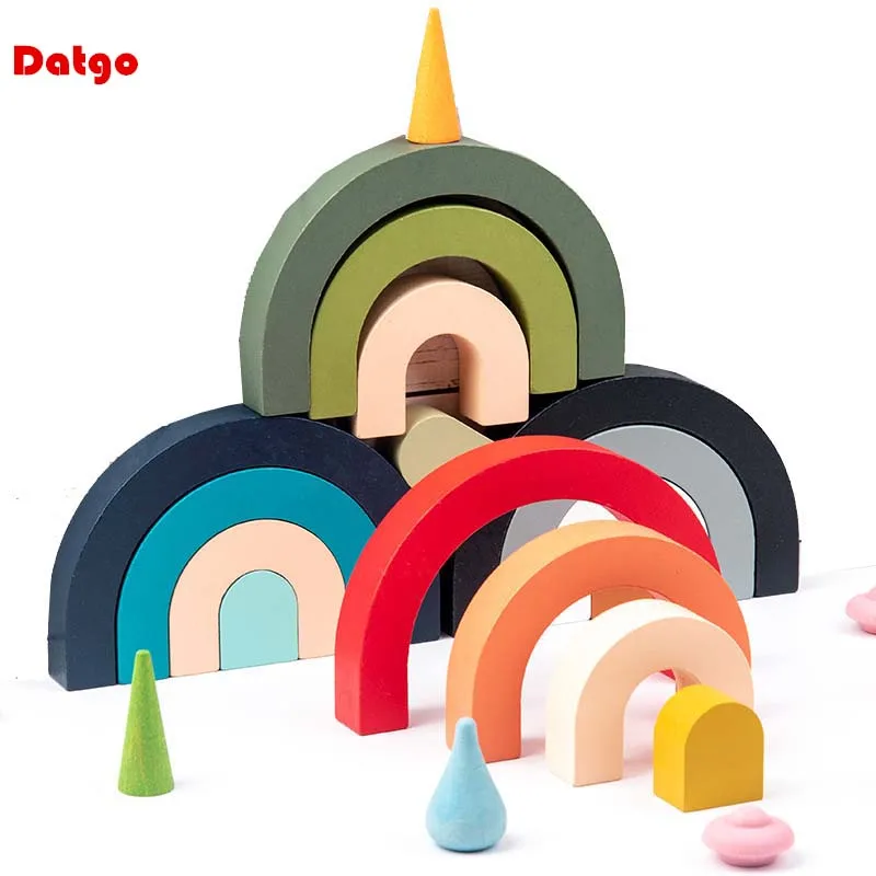 Baby Montessori Rainbow Building Blocks Wooden Toy DIY Stacking Balance Game Educational Color Cognitive Blocks Children