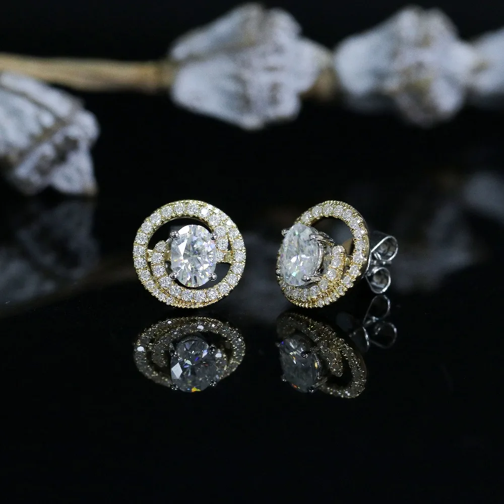 Transgems 14K White Yellow Gold Center 2ct 5*7mm Oval DEF Color Moissanite Big Stud Earrings Halo Earrings Push Back for Women