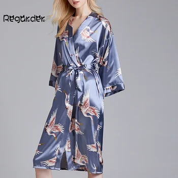 

Fashion Women Floral Printed 3/4 Sleeve Kimono Bathrobes Simulation Silk Satin Home Robes Sleepwear Nightwear Plus Size#g3