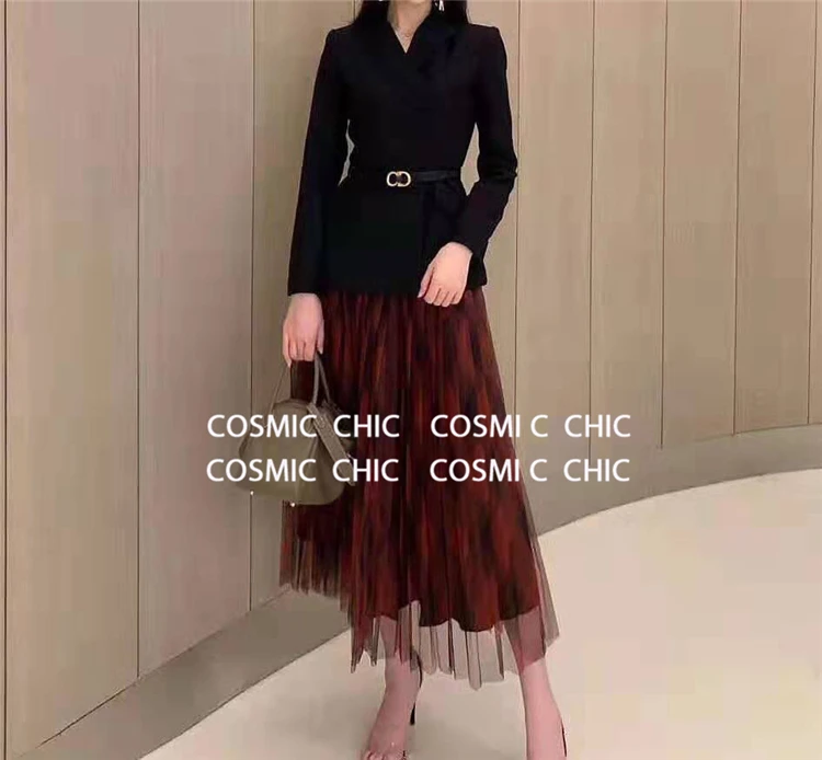 Cosmicchic, Женский Осенний Блейзер, юбка, комплект из 2 предметов, шерстяная куртка с длинными рукавами и поясом, красная клетчатая сетчатая юбка, Плиссированные Юбки-миди, костюм