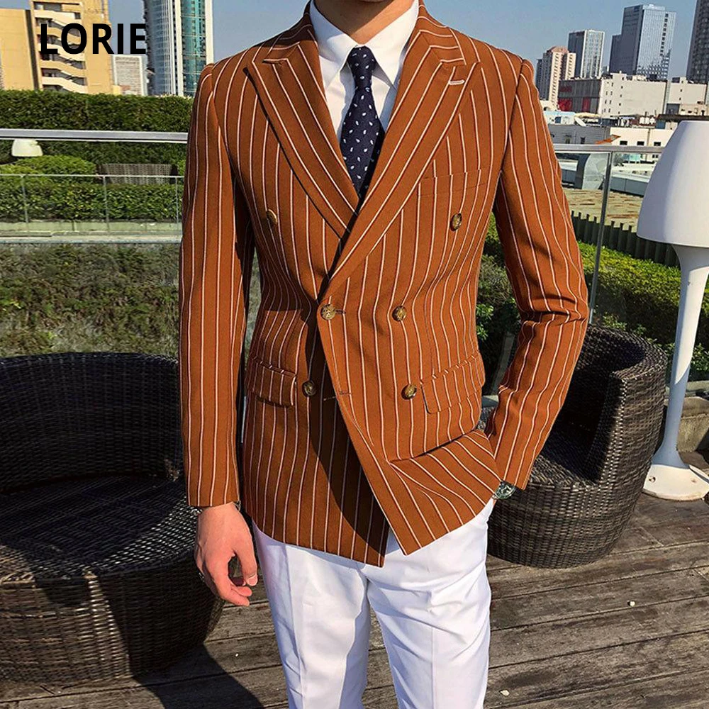 

LORIE Fashion Peaked Lapel Mens Jacket Stripe Wedding Groom Tuxedos Double-Breasted Men Formal Party Blazer Mens Suits Customize