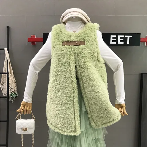 Зеленый Осенне-зимний жилет из овечьей шерсти Женская теплая куртка средней длины Женское пальто из искусственного меха женский толстый жилет - Цвет: Зеленый