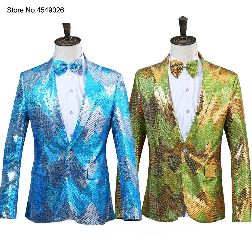 

Men Sequins Shiny Party Dj Singer Stage Show Suit Dinner Tuxedo Jacket Wedding Prom Performance Blue Green Blazer With Tie