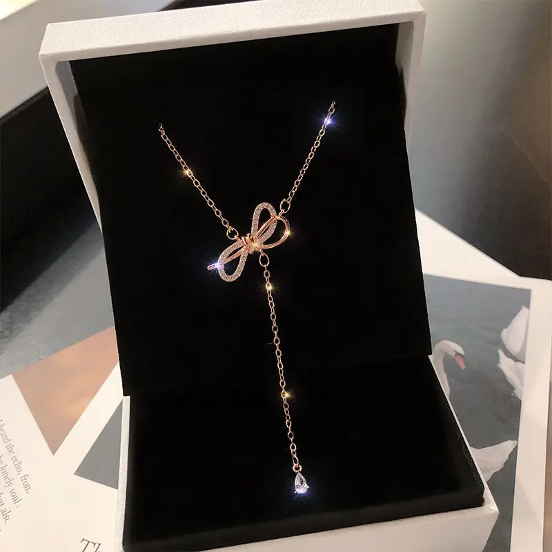 Korea Zircon Bow Necklace for Women Short Sweet Delicate Clavicle Chain Choker Party Fashion Trend Luxury Jewelry Girls Gifts | Украшения и