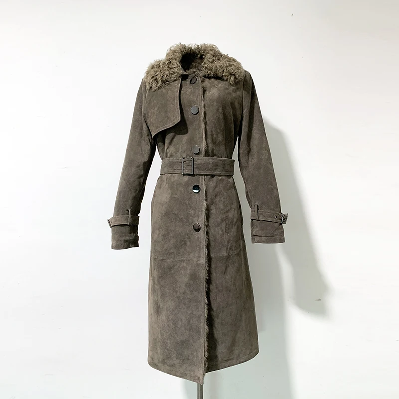 Rf1996 ветровка из натуральной замши, длинная стильная Роскошная настоящая подкладка из натуральной овечьей шерсти, супер Wamr Womans, пальто из натуральной кожи