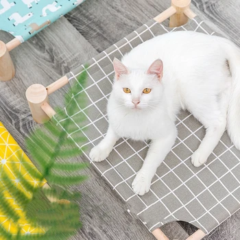 

Elevated Cat Bed House Cat Hammocks Bed Wood Canvas Cat Lounge Bed for Small Dogs Rabbit Cats Durable Canvas Pet House Supplies
