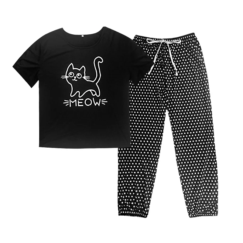 Plus Size Pajama Sets Women Summer Sleepwear Cotton Cute Cartoon Short Sleeve Two Piece Set Homewear Sexy Pjs Lounge Nightwear
