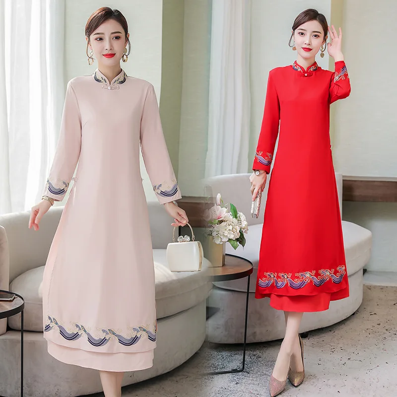 

Cheongsam Improved Version Dress Slim Fit Slimming Chinese-style Retro Embroidered Mid-length Chinese Clothing Women's