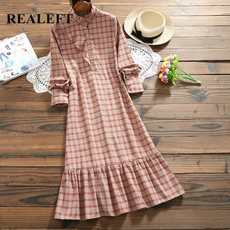 

REALEFT 2019 New Autumn High Elastic Waist Vintage Linen Shirt Dress Women Full Sleeve Plaid Print A-Line Dress Slim Feminino
