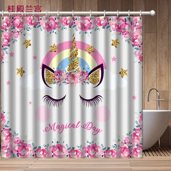 

GRIDILANGO Cartoon Pink Unicorn Shower Curtain Waterproof Polyster Flower Star Cute Bathroom Curtain Home Decor For Kids Adults