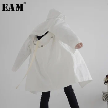 

[EAM] Women Back Button Hollow Out Big Size Trench New Hooded Long Sleeve Loose Fit Windbreaker Fashion Tide Spring 2020 1S246