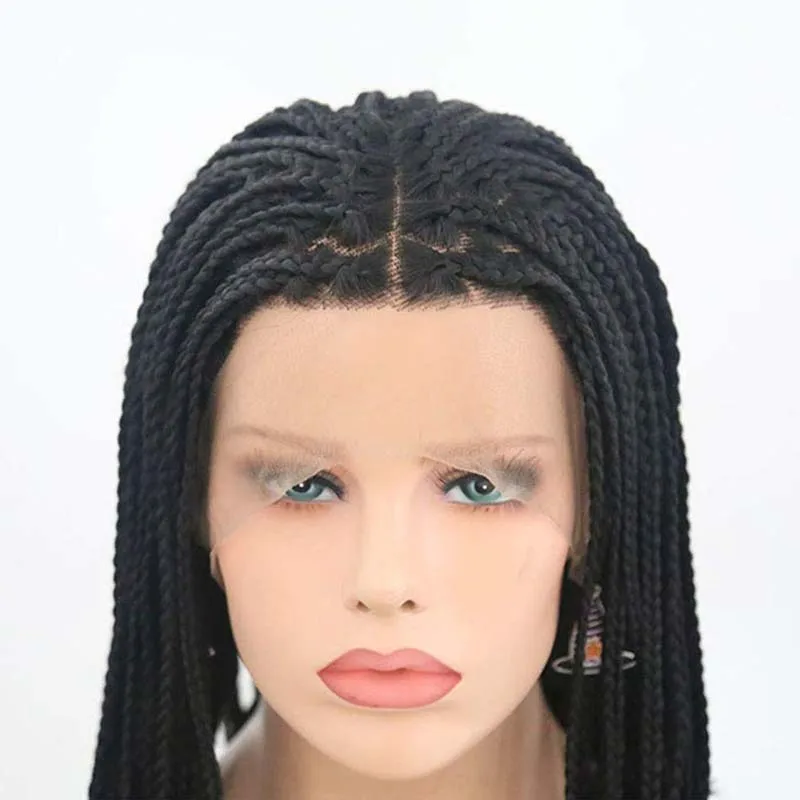 AIMEYA Black Short Box Braids Wigs for Women Middle Part Half Hand Tied Braided Bob Wig Glueless Heat Reistant Fiber Hair Wig