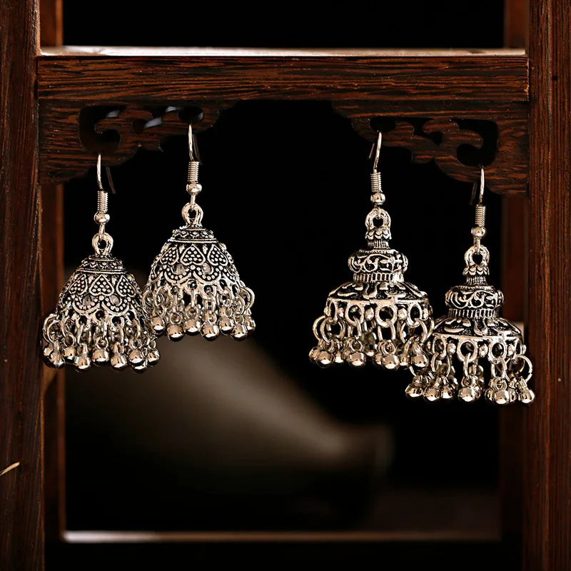 TopHanqi, серебряный цвет, античный этнический индийский Jhumka Jhumki, женские серьги, богемные серьги-капли для женщин, цыганские украшения